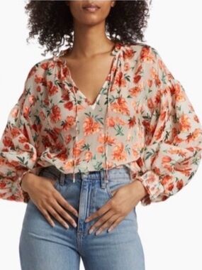 Alice + Olivia Cream Blouse with Orange Floral Print